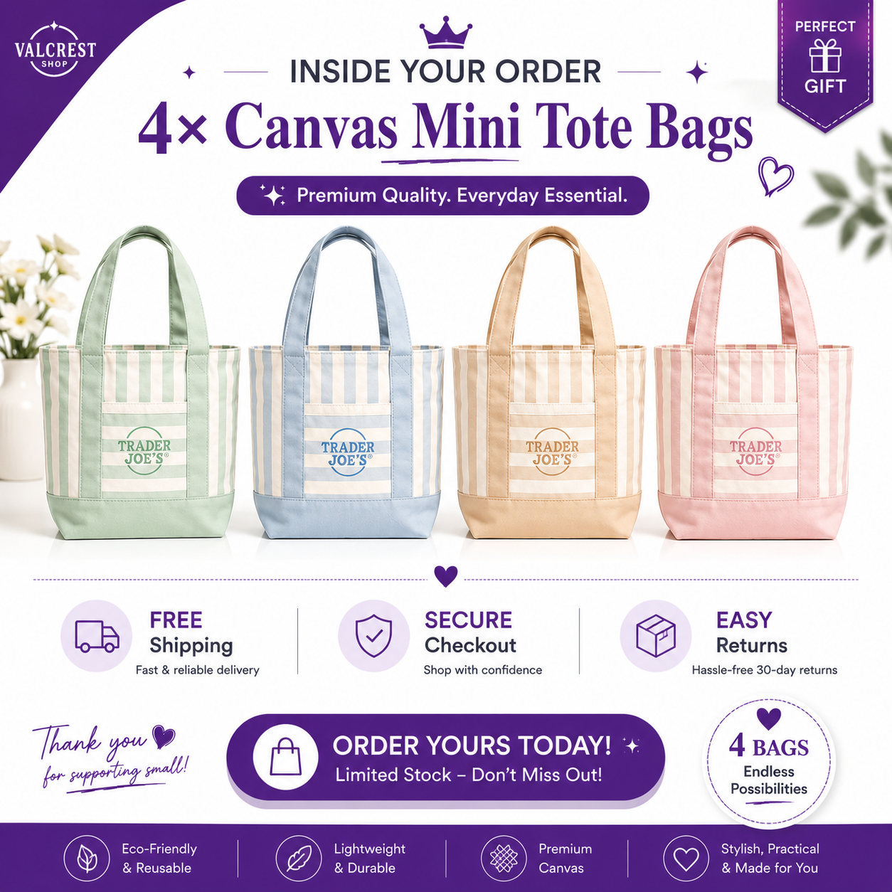 2026 Multi-Purpose Striped Canvas Mini Tote Set (4-Pack)