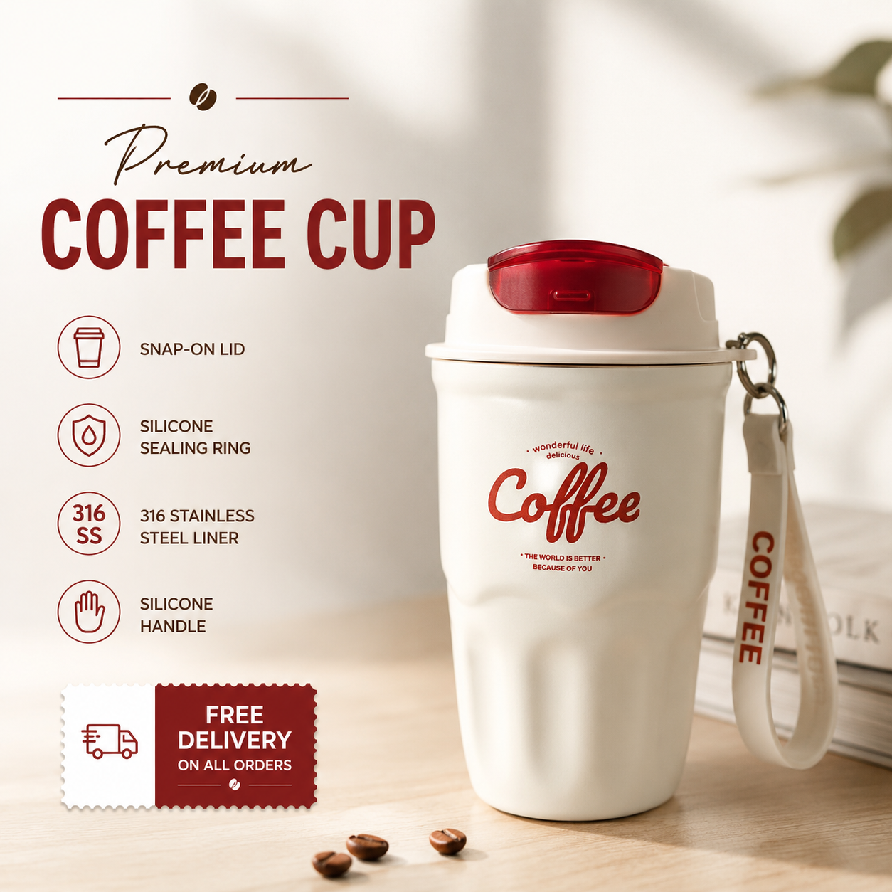 High-Appearance Stainless Steel Coffee Cup with Carry Strap-360ml