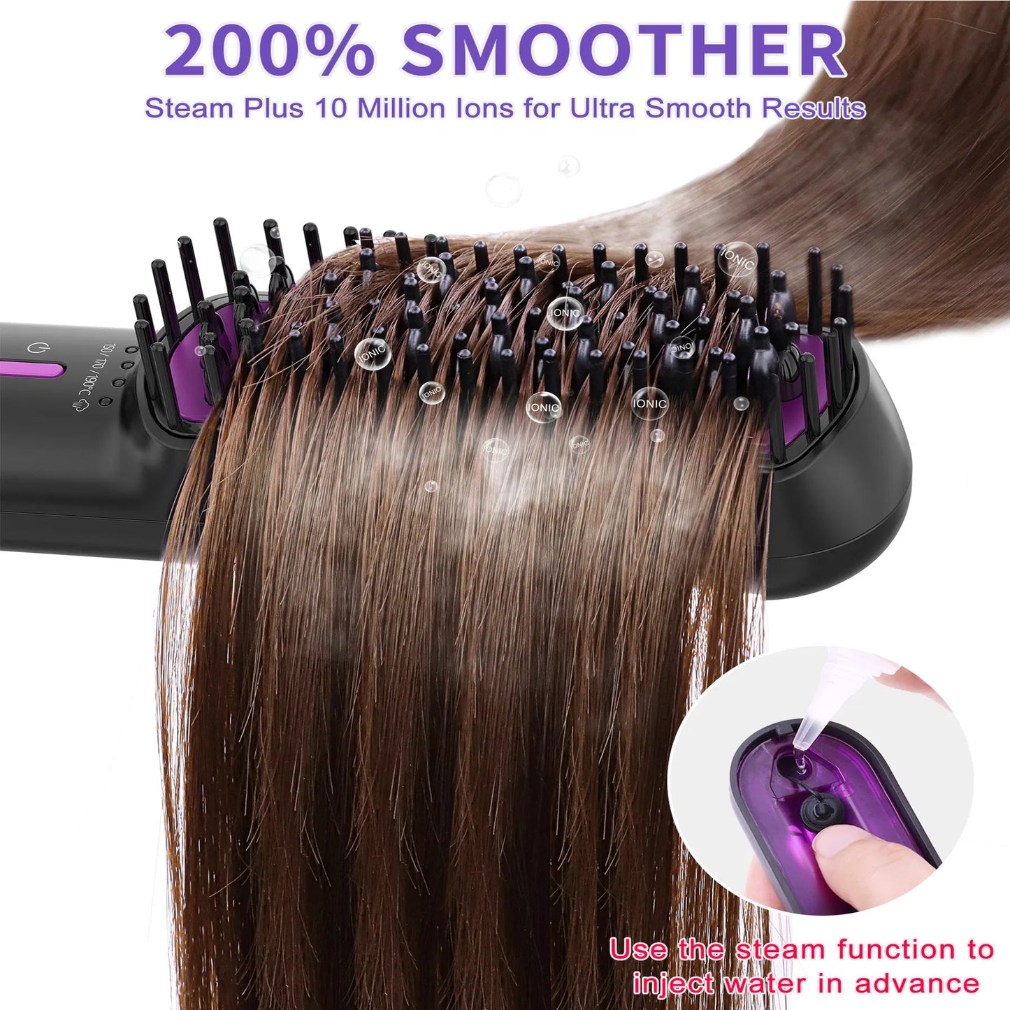 Steam Hair Straightener Brush – Ionic Anti-Frizz Heated Straightening Comb with Ceramic Teeth