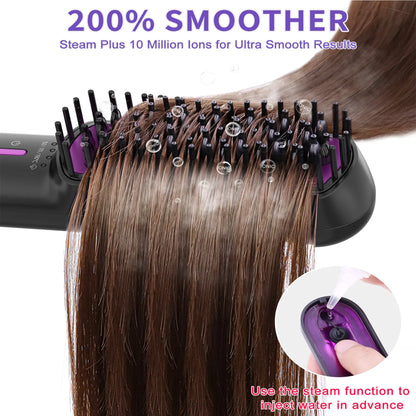 Steam Hair Straightener Brush – Ionic Anti-Frizz Heated Straightening Comb with Ceramic Teeth