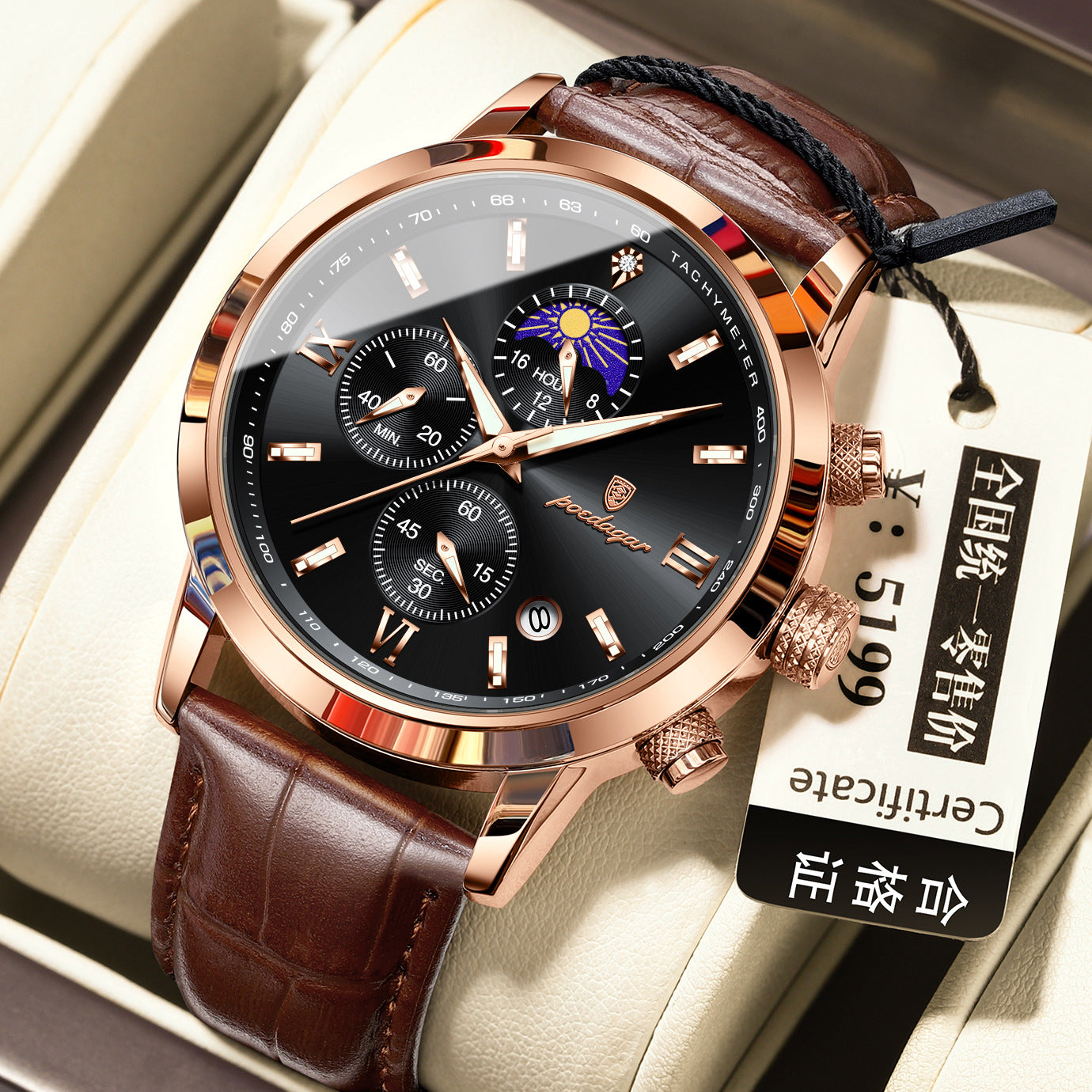 Men’s Moon Phase Watch with Multi-Function Chronograph, Alloy Case, 30M Water Resistant