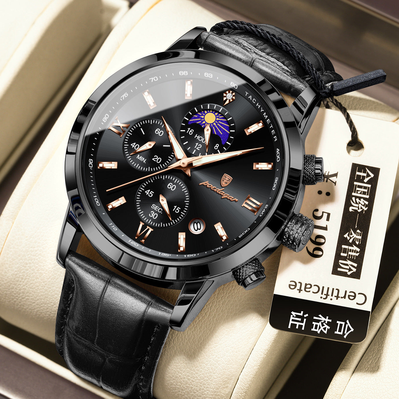 Men’s Moon Phase Watch with Multi-Function Chronograph, Alloy Case, 30M Water Resistant