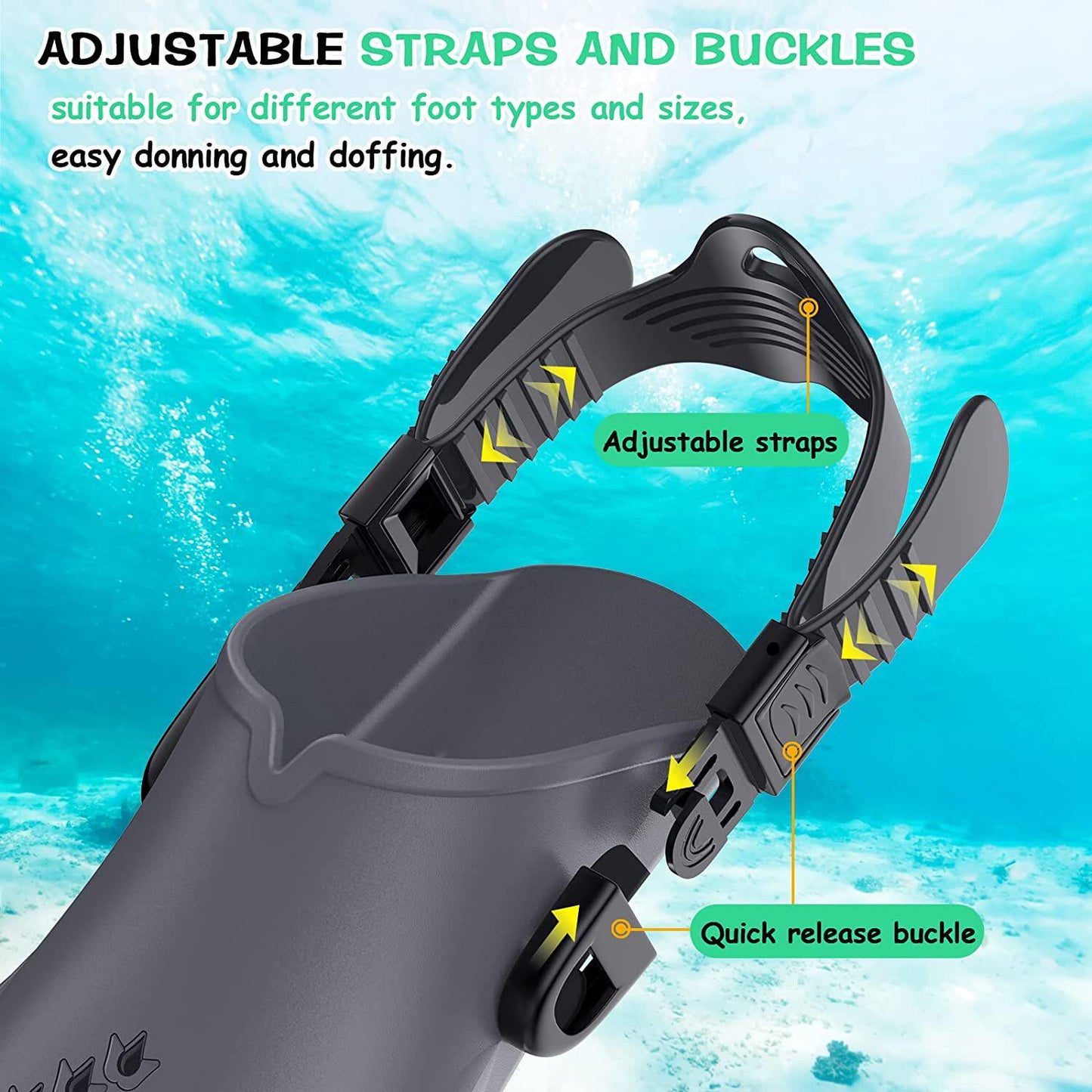 Professional Snorkeling Fins for Men & Women, High-Elasticity Adjustable Short Flippers, Durable Swim Fins