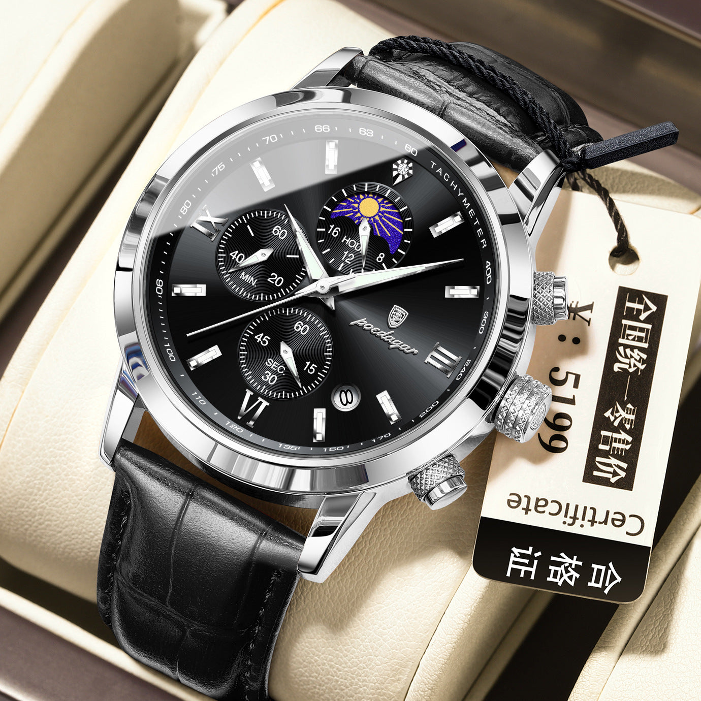 Men’s Moon Phase Watch with Multi-Function Chronograph, Alloy Case, 30M Water Resistant