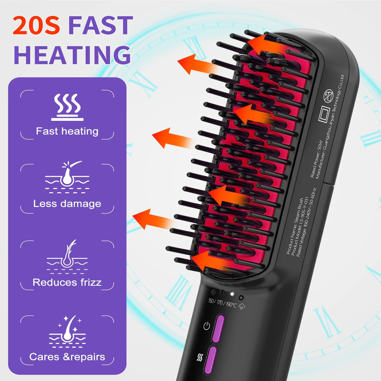 Steam Hair Straightener Brush – Ionic Anti-Frizz Heated Straightening Comb with Ceramic Teeth