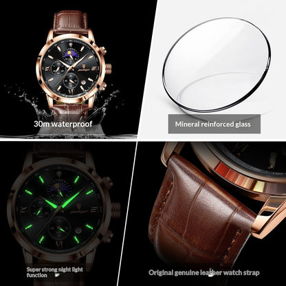 Men’s Moon Phase Watch with Multi-Function Chronograph, Alloy Case, 30M Water Resistant