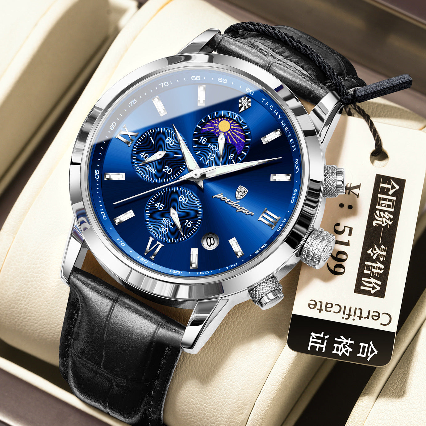 Men’s Moon Phase Watch with Multi-Function Chronograph, Alloy Case, 30M Water Resistant