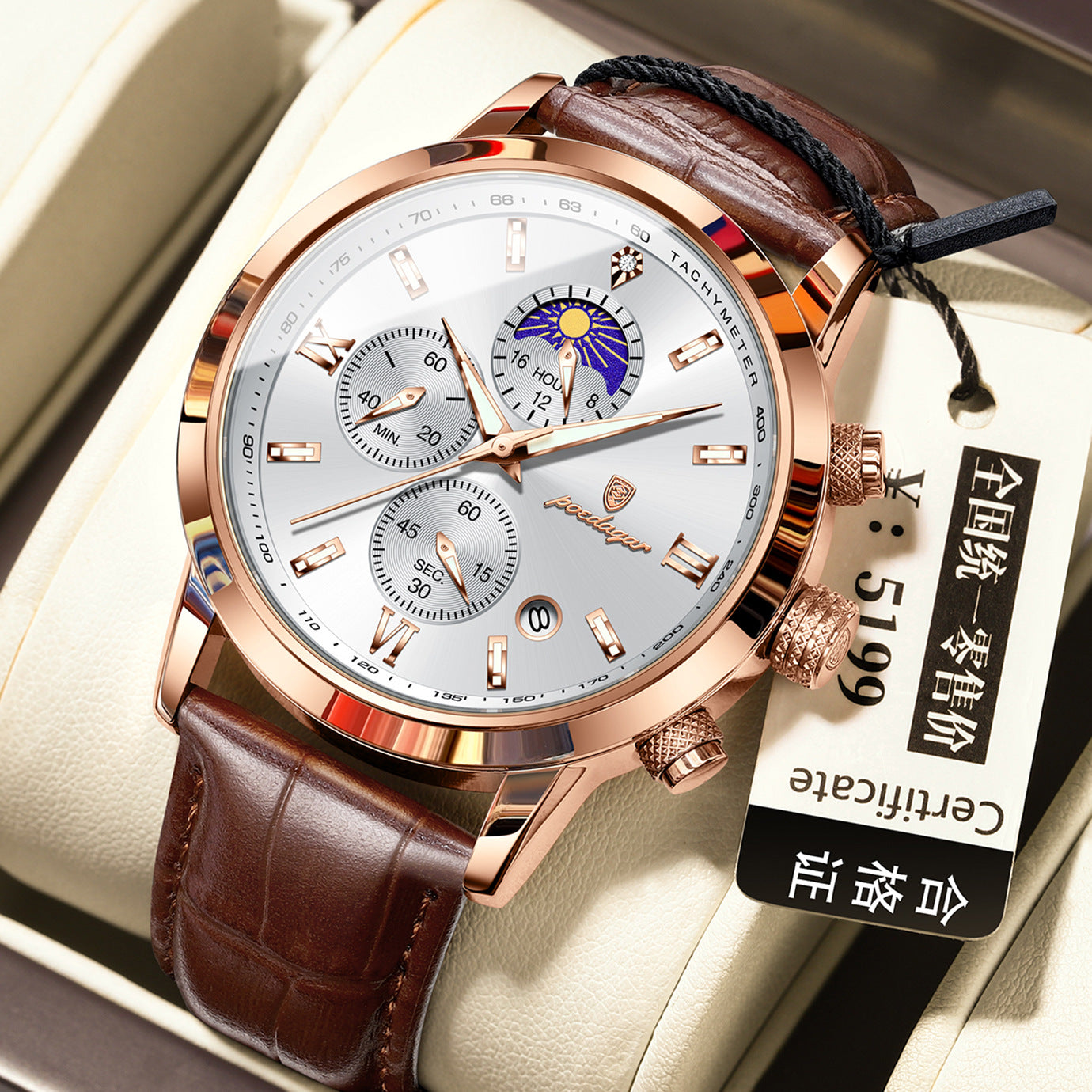 Men’s Moon Phase Watch with Multi-Function Chronograph, Alloy Case, 30M Water Resistant