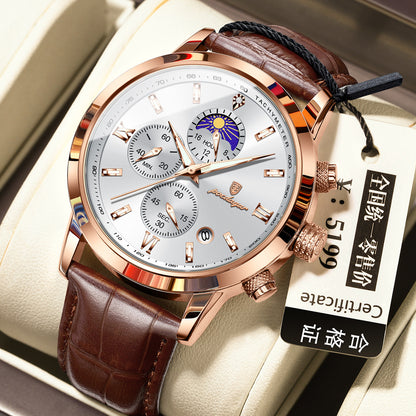 Men’s Moon Phase Watch with Multi-Function Chronograph, Alloy Case, 30M Water Resistant