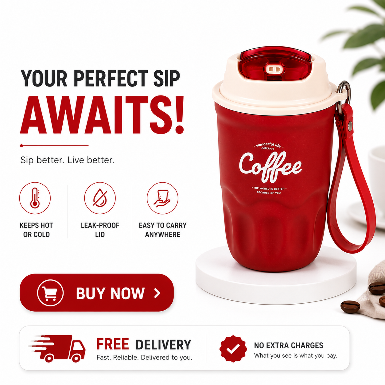 High-Appearance Stainless Steel Coffee Cup with Carry Strap-360ml