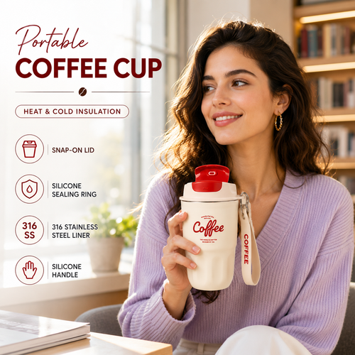 High-Appearance Stainless Steel Coffee Cup with Carry Strap-360ml