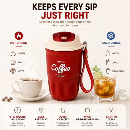 High-Appearance Stainless Steel Coffee Cup with Carry Strap-360ml