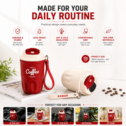 High-Appearance Stainless Steel Coffee Cup with Carry Strap-360ml