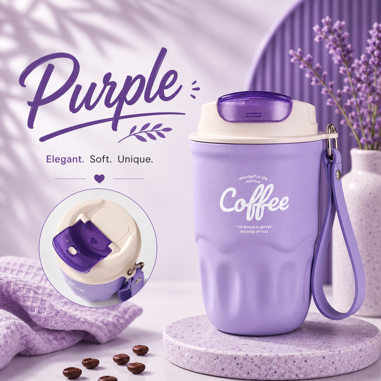 High-Appearance Stainless Steel Coffee Cup with Carry Strap-360ml