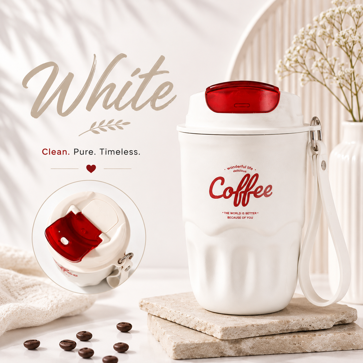 High-Appearance Stainless Steel Coffee Cup with Carry Strap-360ml