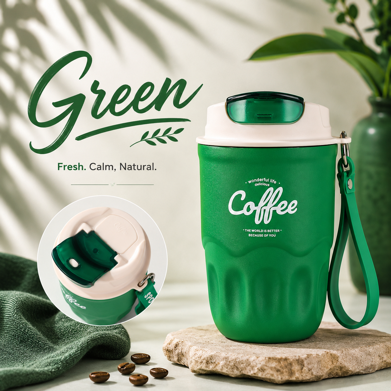 High-Appearance Stainless Steel Coffee Cup with Carry Strap-360ml