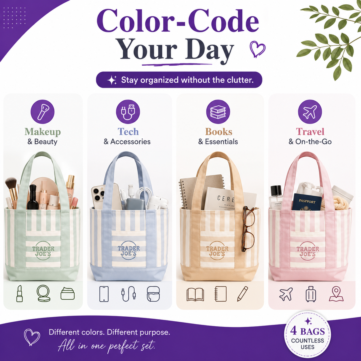2026 Multi-Purpose Striped Canvas Mini Tote Set (4-Pack)