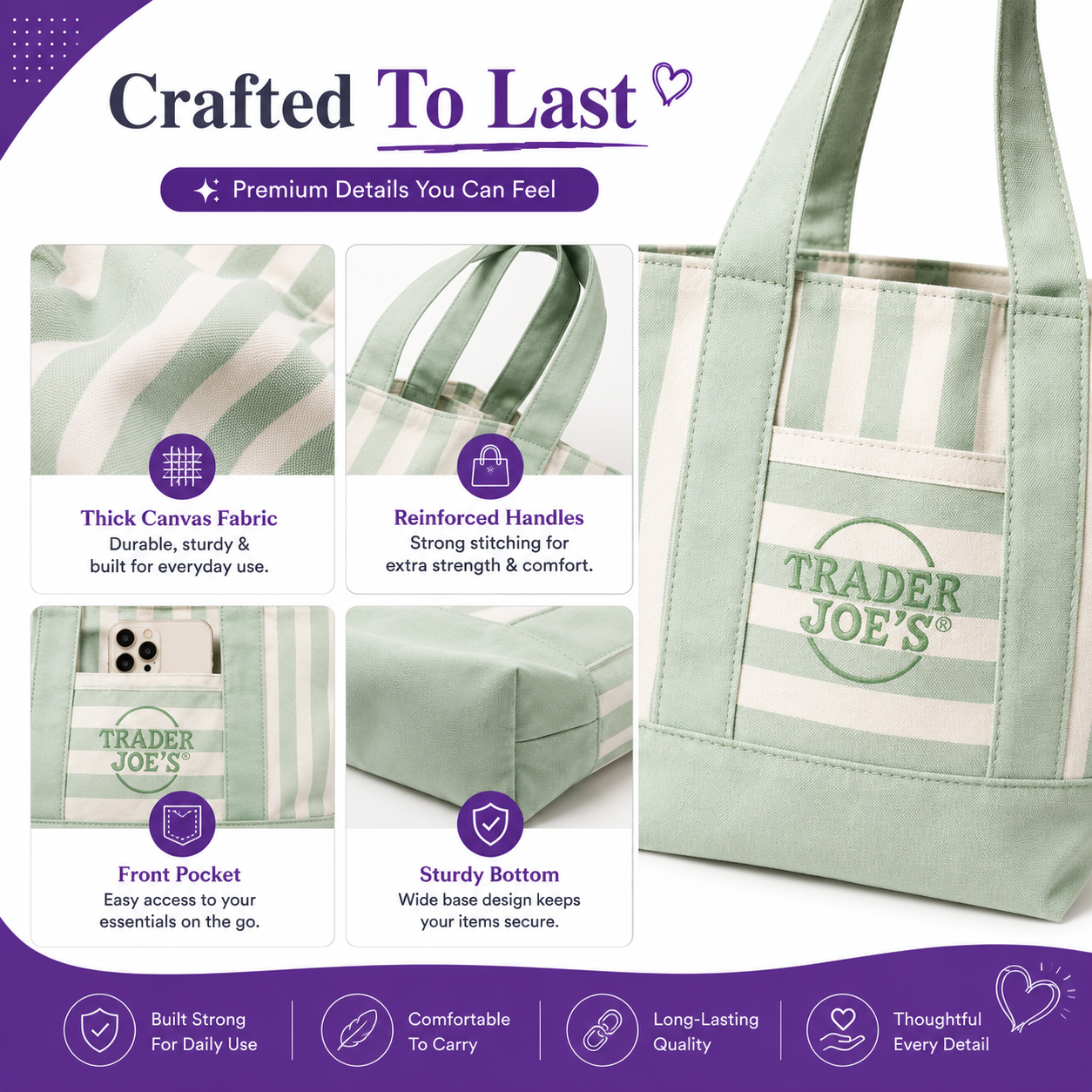 2026 Multi-Purpose Striped Canvas Mini Tote Set (4-Pack)