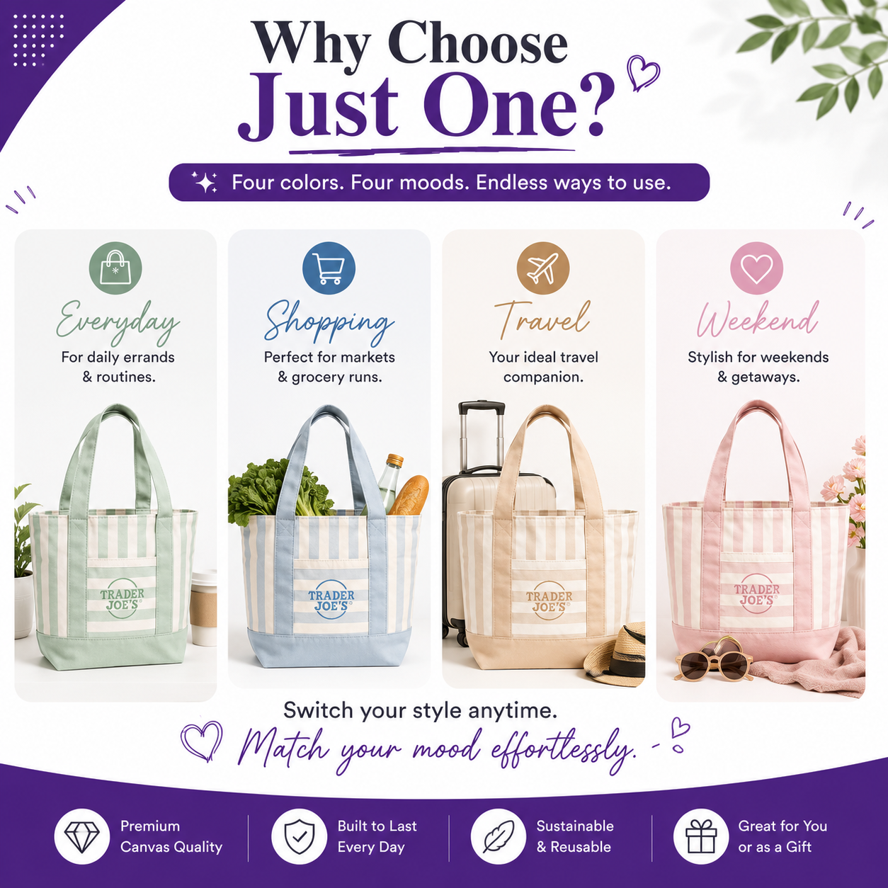 2026 Multi-Purpose Striped Canvas Mini Tote Set (4-Pack)