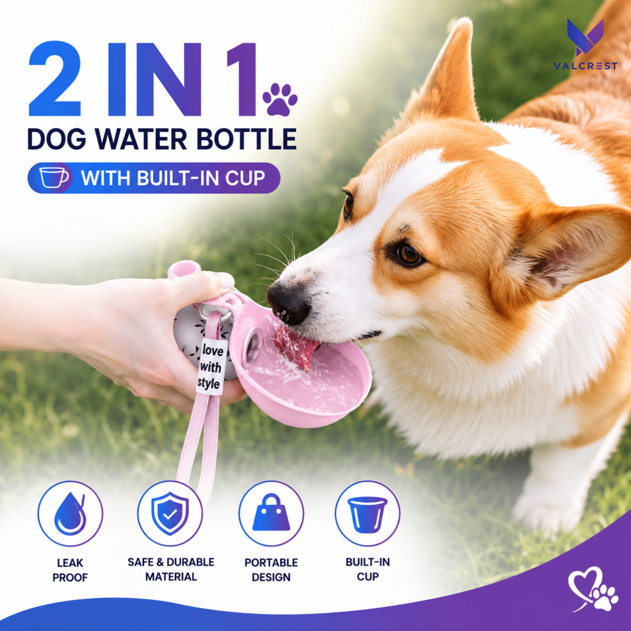 2-in-1 Portable Dog Water Bottle with Built-in Bowl (Leak-Proof)