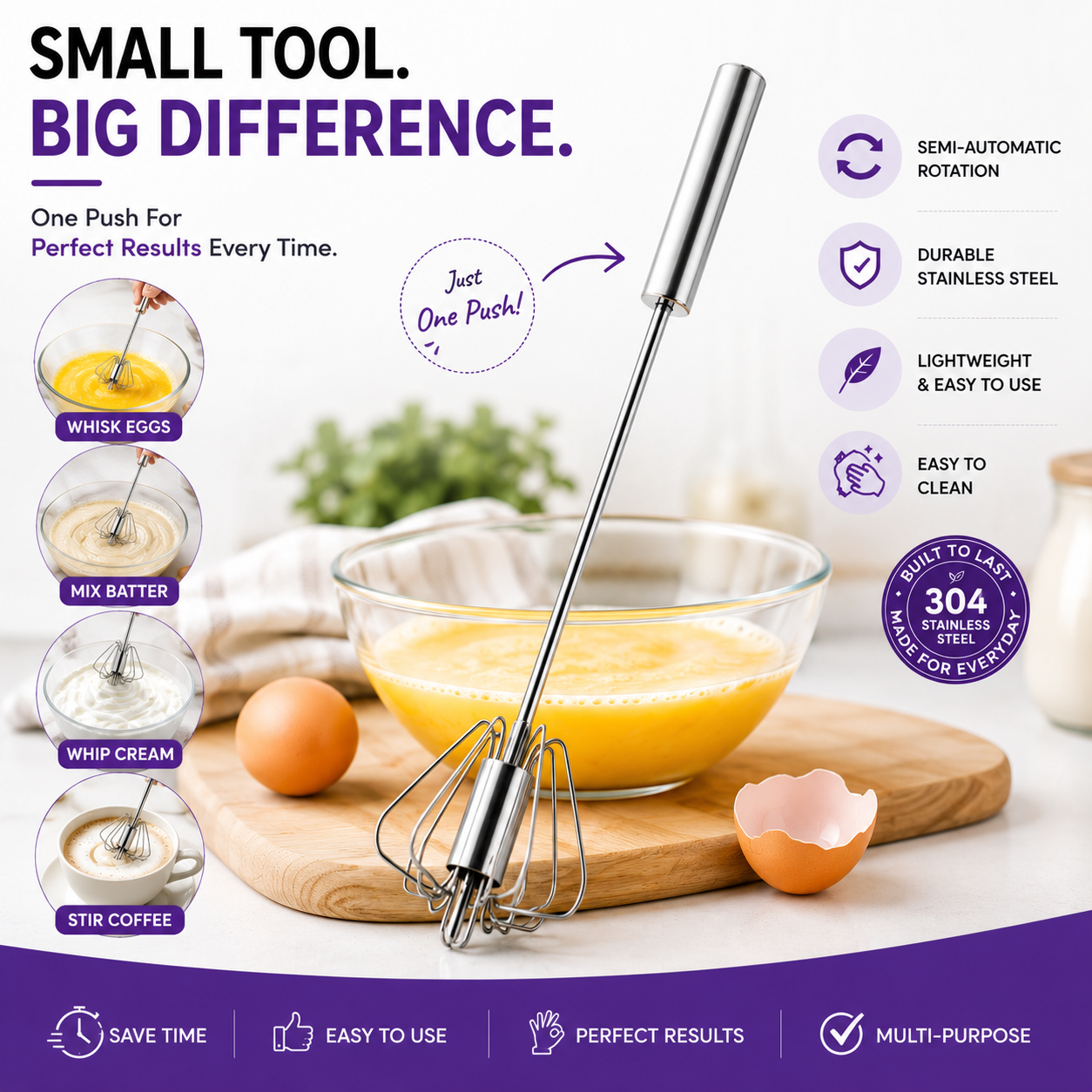 Stainless Steel Semi-Automatic Egg Beater Set of 2