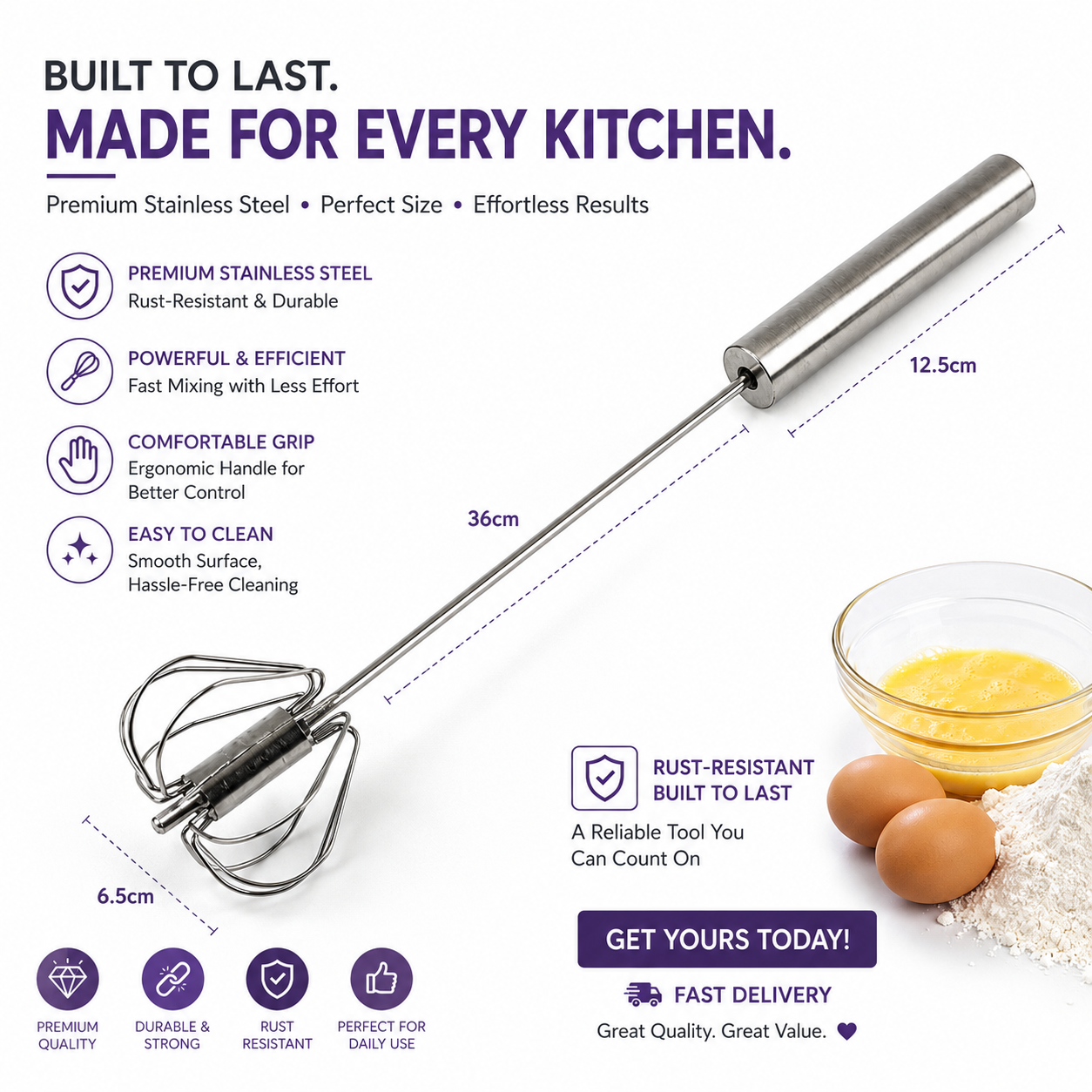 Stainless Steel Semi-Automatic Egg Beater Set of 2