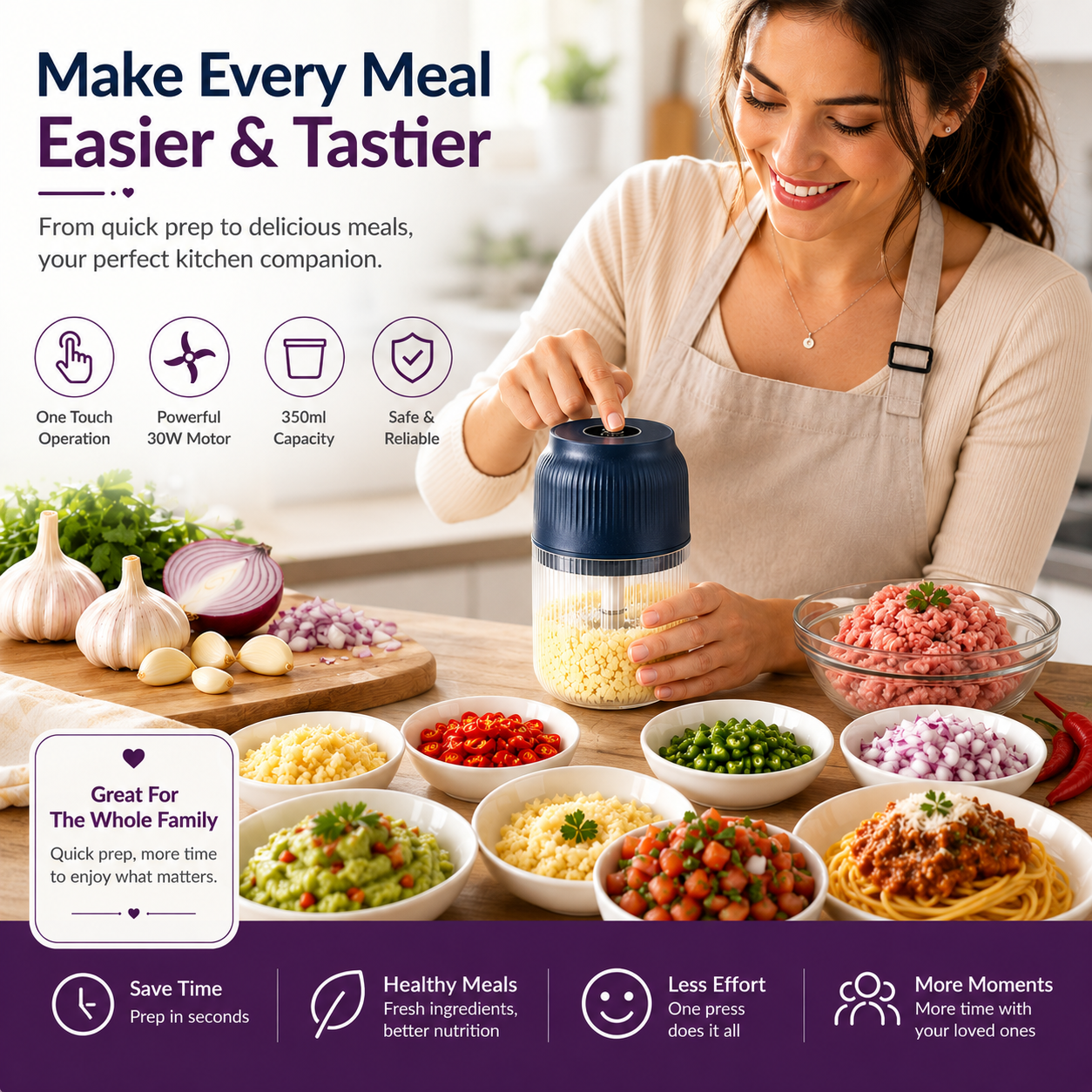Mini USB Rechargeable Food Chopper & Garlic Grinder - 350 ml