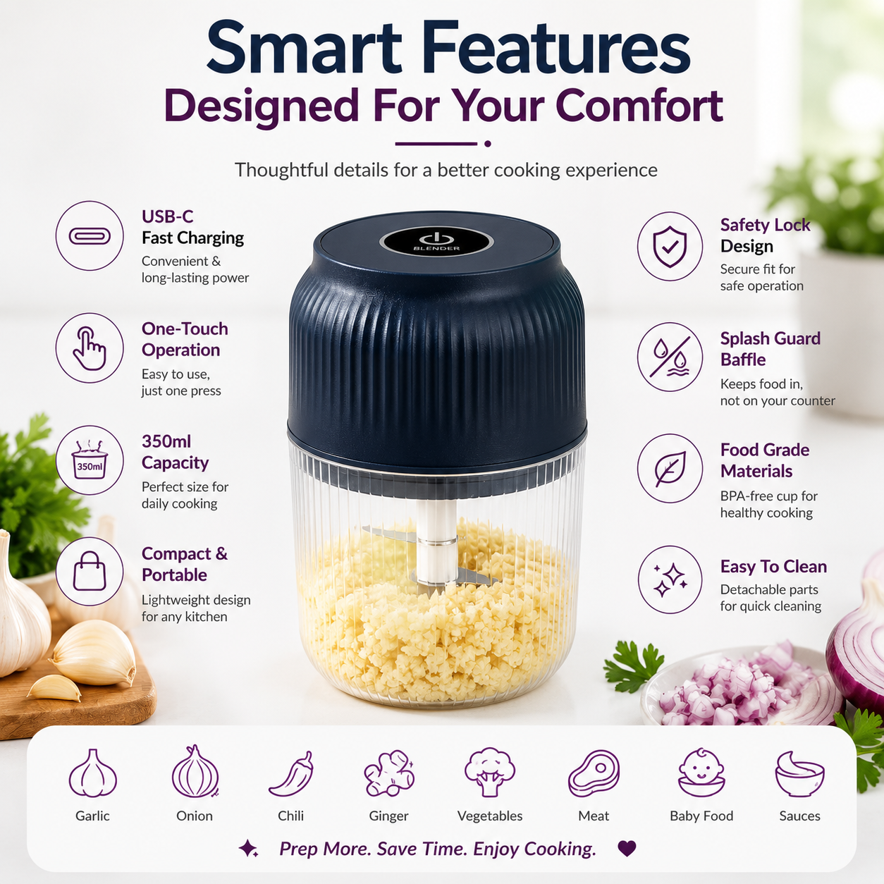 Mini USB Rechargeable Food Chopper & Garlic Grinder - 350 ml