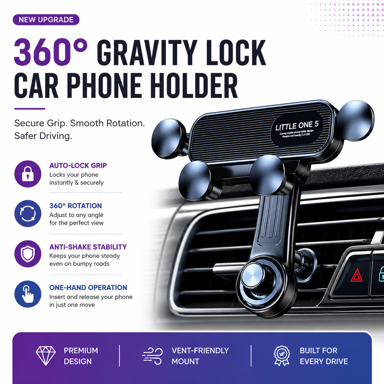 360° Gravity Lock Car Phone Holder – Anti-Shake Vent Mount