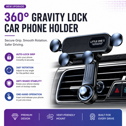 360° Gravity Lock Car Phone Holder – Anti-Shake Vent Mount