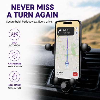 360° Gravity Lock Car Phone Holder – Anti-Shake Vent Mount