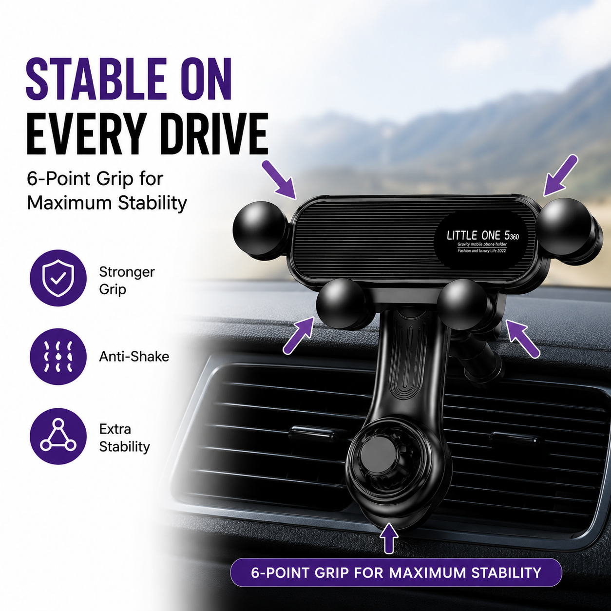 360° Gravity Lock Car Phone Holder – Anti-Shake Vent Mount