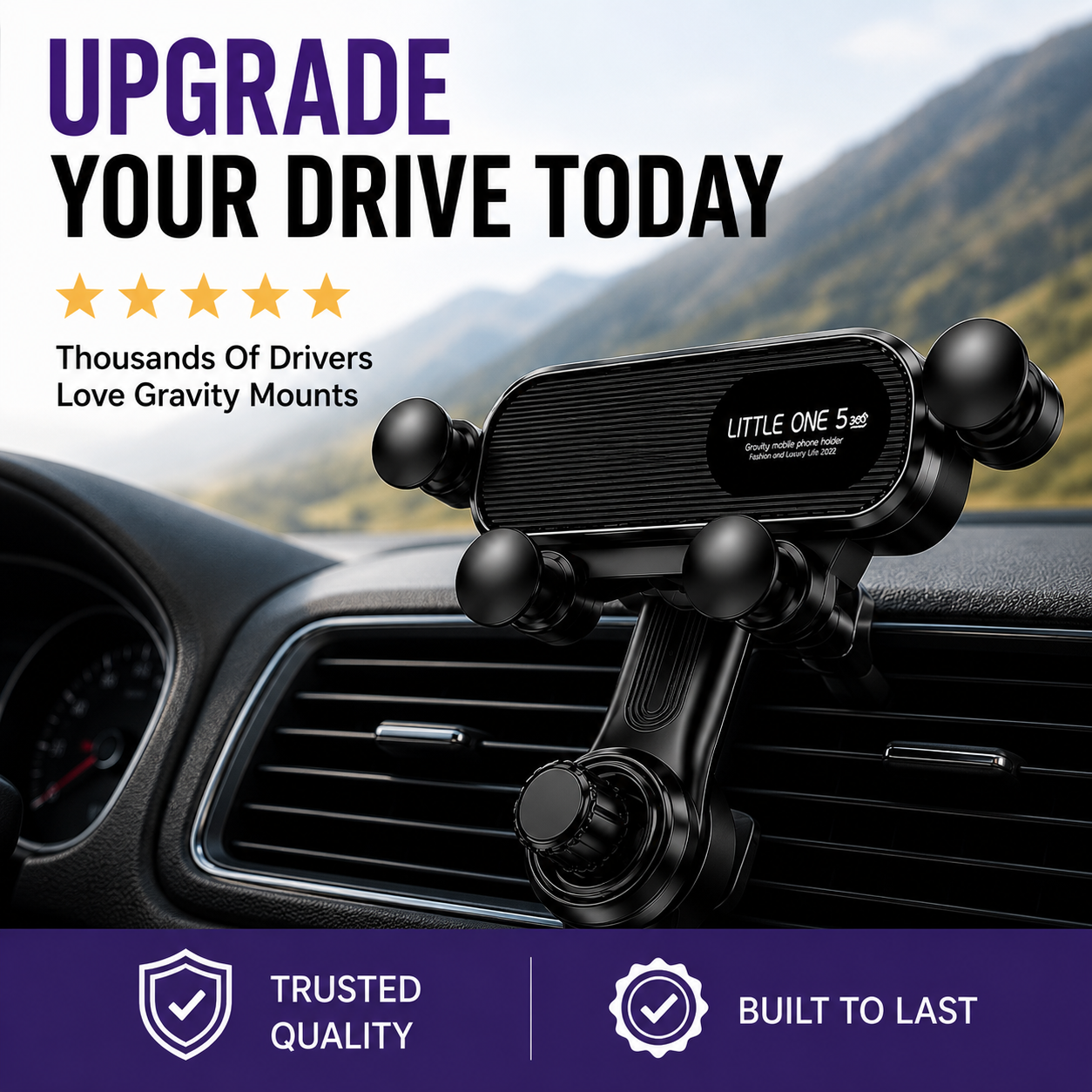 360° Gravity Lock Car Phone Holder – Anti-Shake Vent Mount