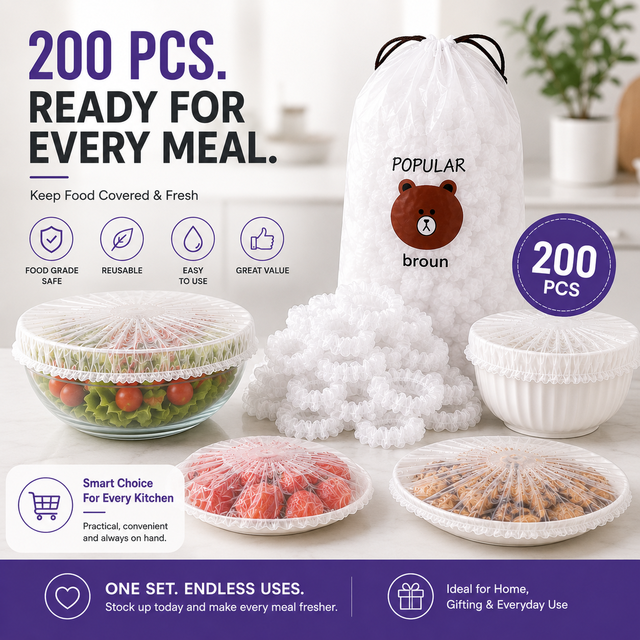 200 PCS Reusable Food Covers Stretch & Secure Fit