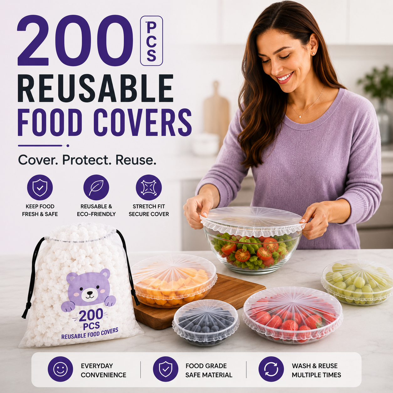 200 PCS Reusable Food Covers Stretch & Secure Fit
