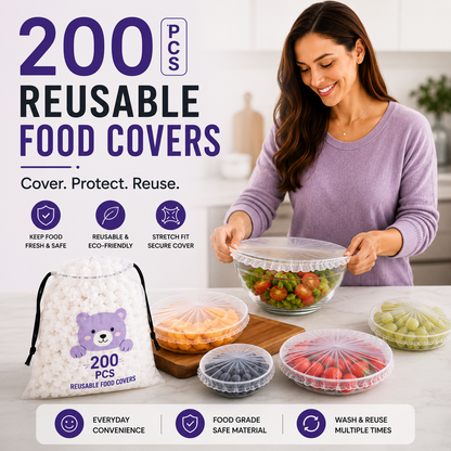 200 PCS Reusable Food Covers Stretch & Secure Fit