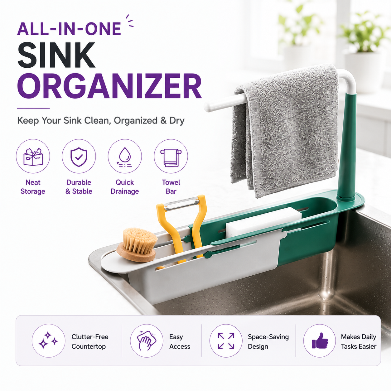 Telescopic Kitchen Sink Rack – Adjustable Drain Basket & Organizer