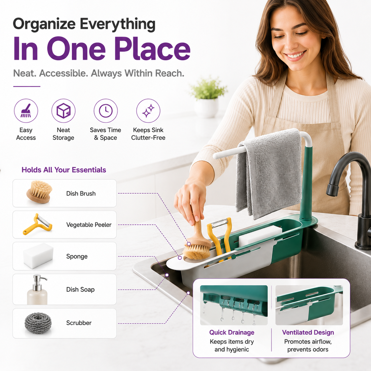 Telescopic Kitchen Sink Rack – Adjustable Drain Basket & Organizer