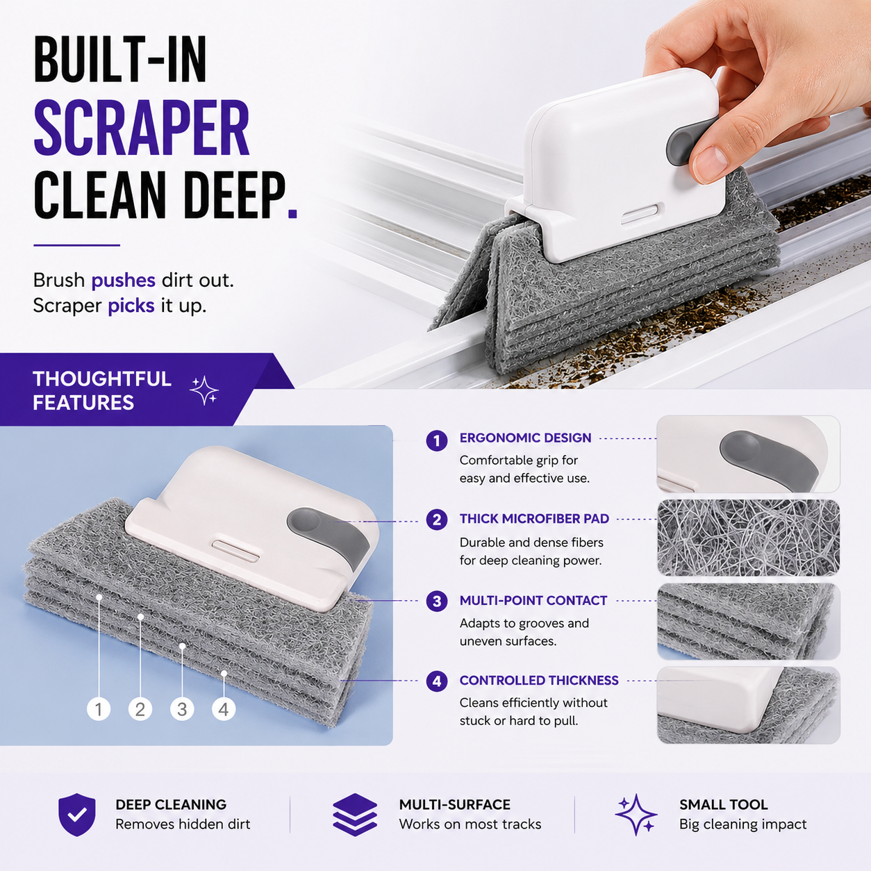 Window Track Cleaning Brush with Built-in Dirt Scraper - Set of 2
