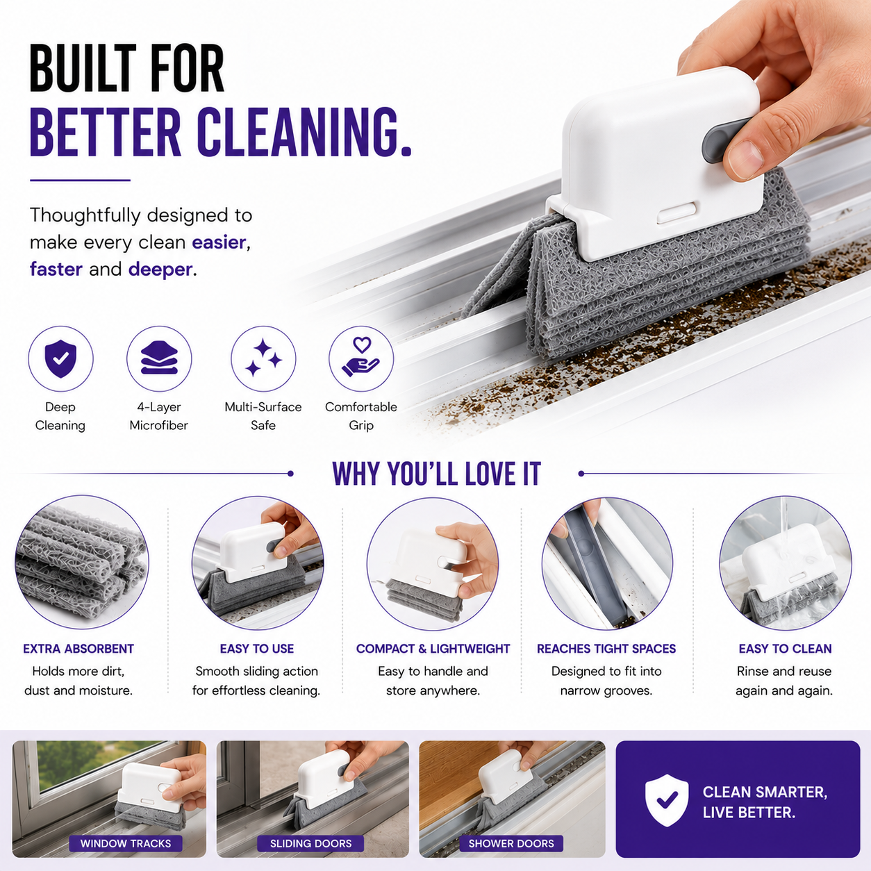 Window Track Cleaning Brush with Built-in Dirt Scraper - Set of 2
