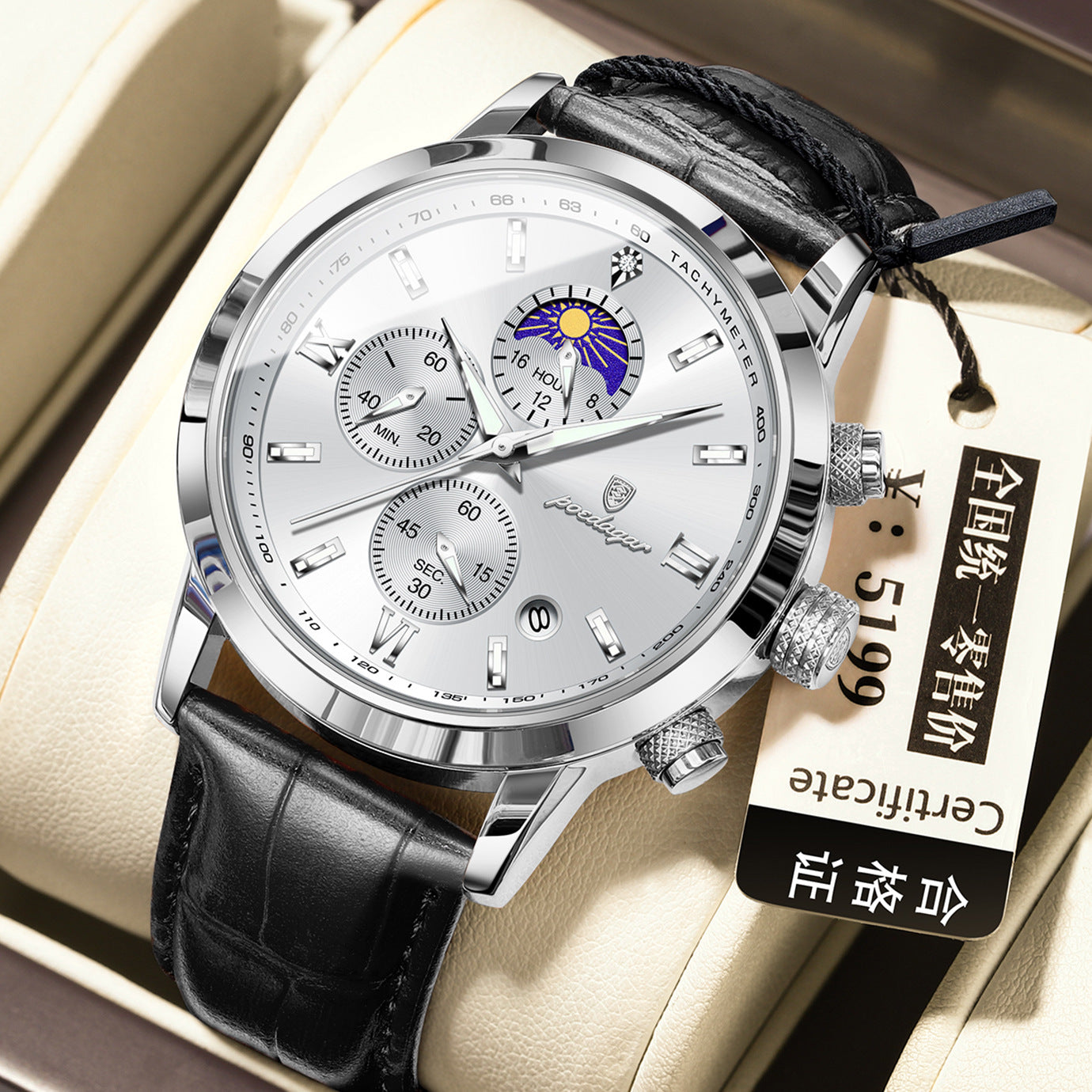 Men’s Moon Phase Watch with Multi-Function Chronograph, Alloy Case, 30M Water Resistant