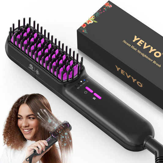 Steam Hair Straightener Brush – Ionic Anti-Frizz Heated Straightening Comb with Ceramic Teeth