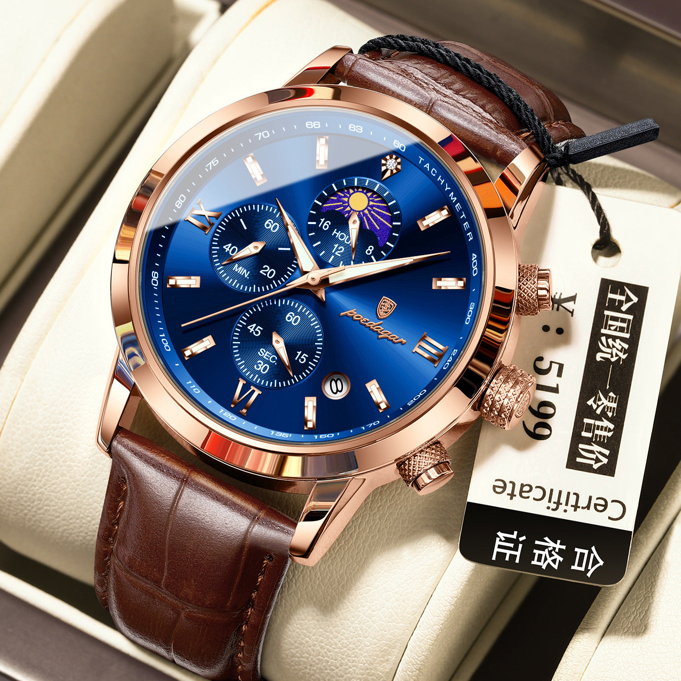 Men’s Moon Phase Watch with Multi-Function Chronograph, Alloy Case, 30M Water Resistant