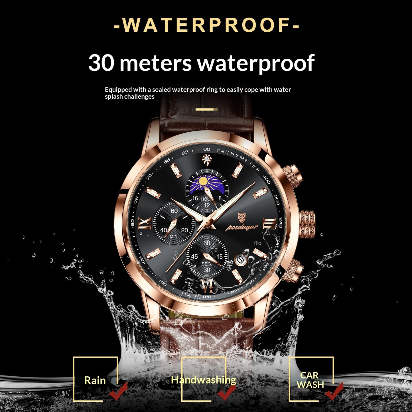 Men’s Moon Phase Watch with Multi-Function Chronograph, Alloy Case, 30M Water Resistant