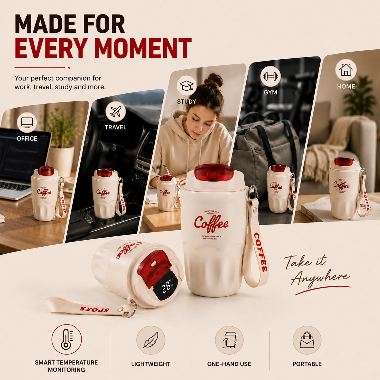 Smart Temperature Monitoring Stainless Steel Coffee Cup – 360ml
