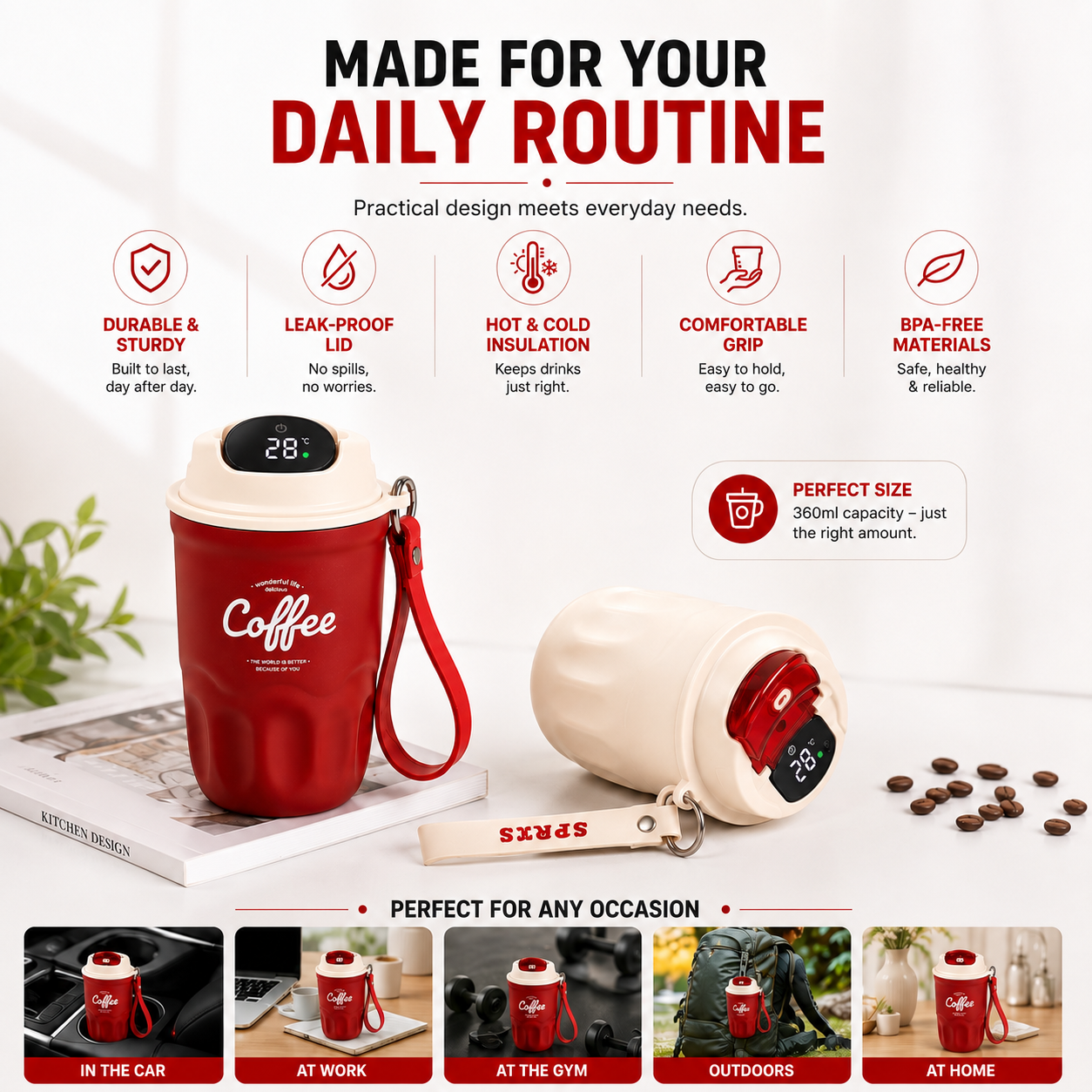 Smart Temperature Monitoring Stainless Steel Coffee Cup – 360ml